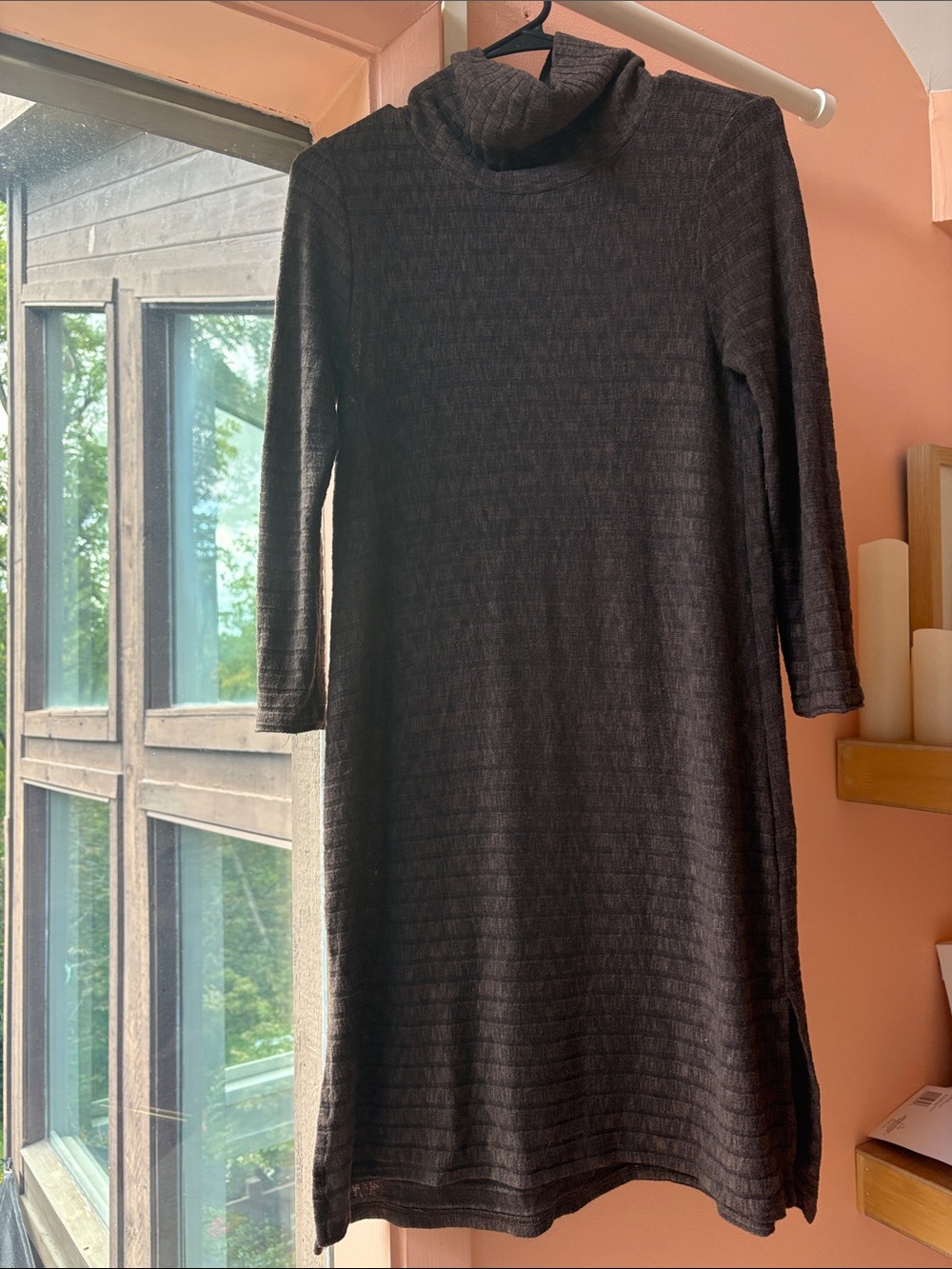 Ribbed Turtleneck Long Sleeve Midi Dress — Dark Brown